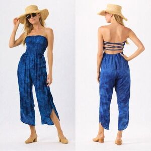 NWT Tiare Hawaii Blue Tie Dye Smocked Strappy Hoku Beach Resortwear Jumpsuit OS